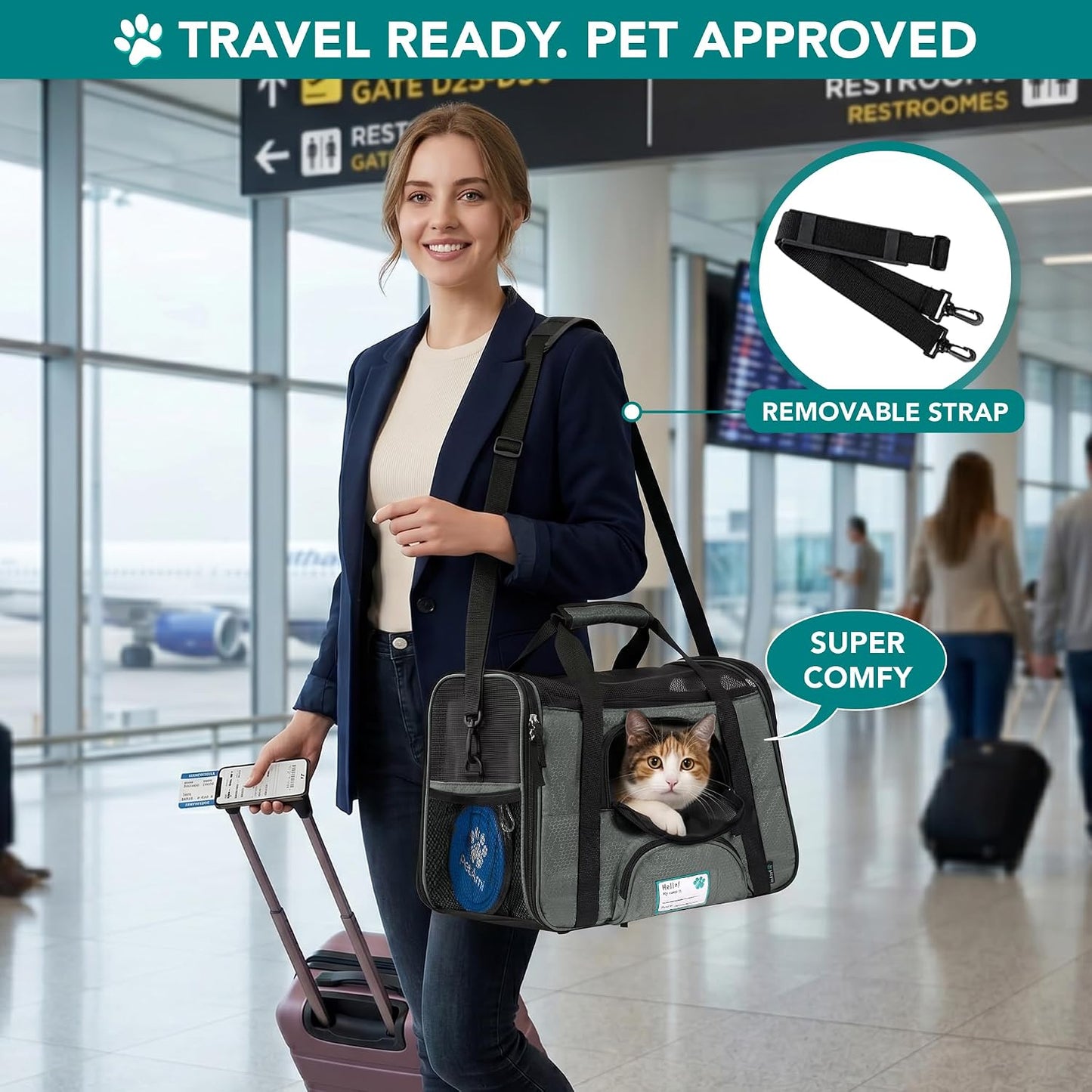 Airline Approved Pet Carrier for Cats & Small Dogs, Soft Sided TSA Travel Carrier Bag with Sherpa Bed, Breathable Mesh Ventilation, Collapsible Bowl, Up to 18 lbs, Small Heather Taupe