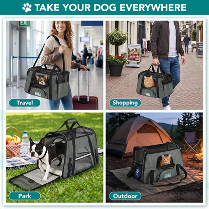 Airline Approved Pet Carrier for Cats & Small Dogs, Soft Sided TSA Travel Carrier Bag with Sherpa Bed, Breathable Mesh Ventilation, Collapsible Bowl, Up to 18 lbs, Small Heather Taupe
