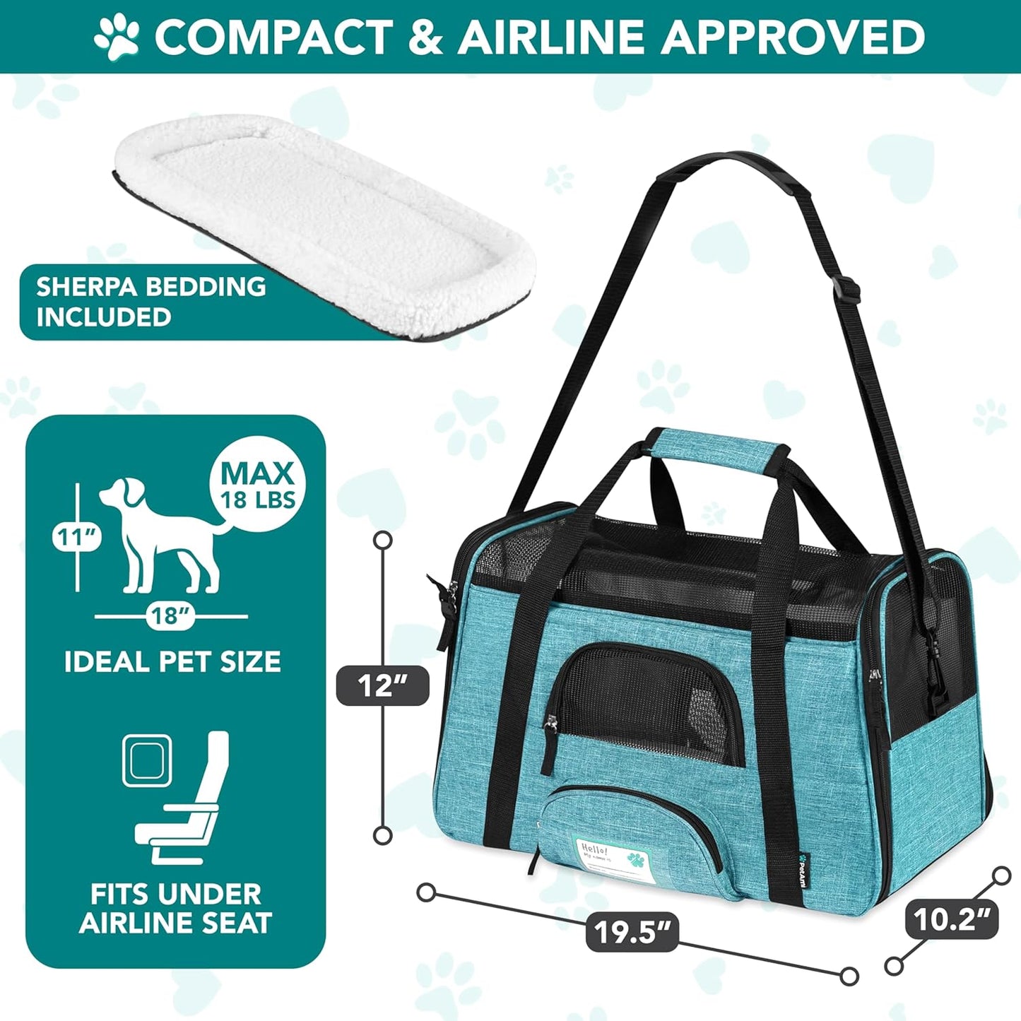 Airline Approved Pet Carrier for Cats & Small Dogs, Soft Sided TSA Travel Carrier Bag with Sherpa Bed, Breathable Mesh Ventilation, Collapsible Bowl, Up to 18 lbs, Small Heather Taupe
