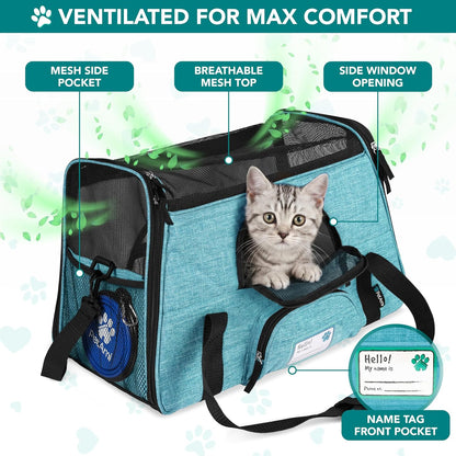 Airline Approved Pet Carrier for Cats & Small Dogs, Soft Sided TSA Travel Carrier Bag with Sherpa Bed, Breathable Mesh Ventilation, Collapsible Bowl, Up to 18 lbs, Small Heather Taupe