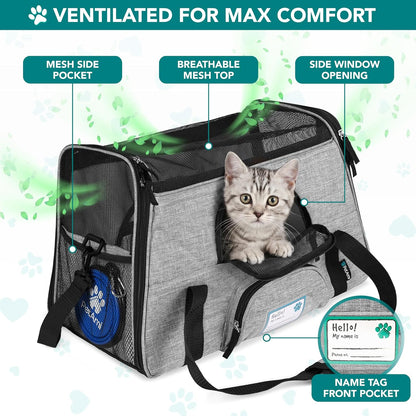 Airline Approved Pet Carrier for Cats & Small Dogs, Soft Sided TSA Travel Carrier Bag with Sherpa Bed, Breathable Mesh Ventilation, Collapsible Bowl, Up to 18 lbs, Small Heather Taupe