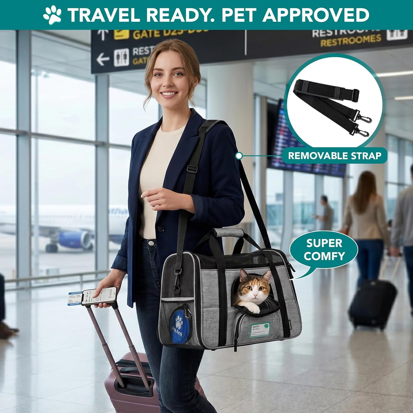 Airline Approved Pet Carrier for Cats & Small Dogs, Soft Sided TSA Travel Carrier Bag with Sherpa Bed, Breathable Mesh Ventilation, Collapsible Bowl, Up to 18 lbs, Small Heather Taupe