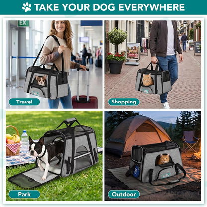 Airline Approved Pet Carrier for Cats & Small Dogs, Soft Sided TSA Travel Carrier Bag with Sherpa Bed, Breathable Mesh Ventilation, Collapsible Bowl, Up to 18 lbs, Small Heather Taupe