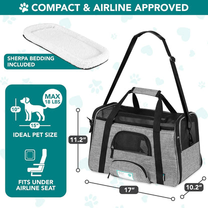 Airline Approved Pet Carrier for Cats & Small Dogs, Soft Sided TSA Travel Carrier Bag with Sherpa Bed, Breathable Mesh Ventilation, Collapsible Bowl, Up to 18 lbs, Small Heather Taupe