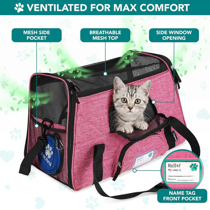 Airline Approved Pet Carrier for Cats & Small Dogs, Soft Sided TSA Travel Carrier Bag with Sherpa Bed, Breathable Mesh Ventilation, Collapsible Bowl, Up to 18 lbs, Small Heather Taupe