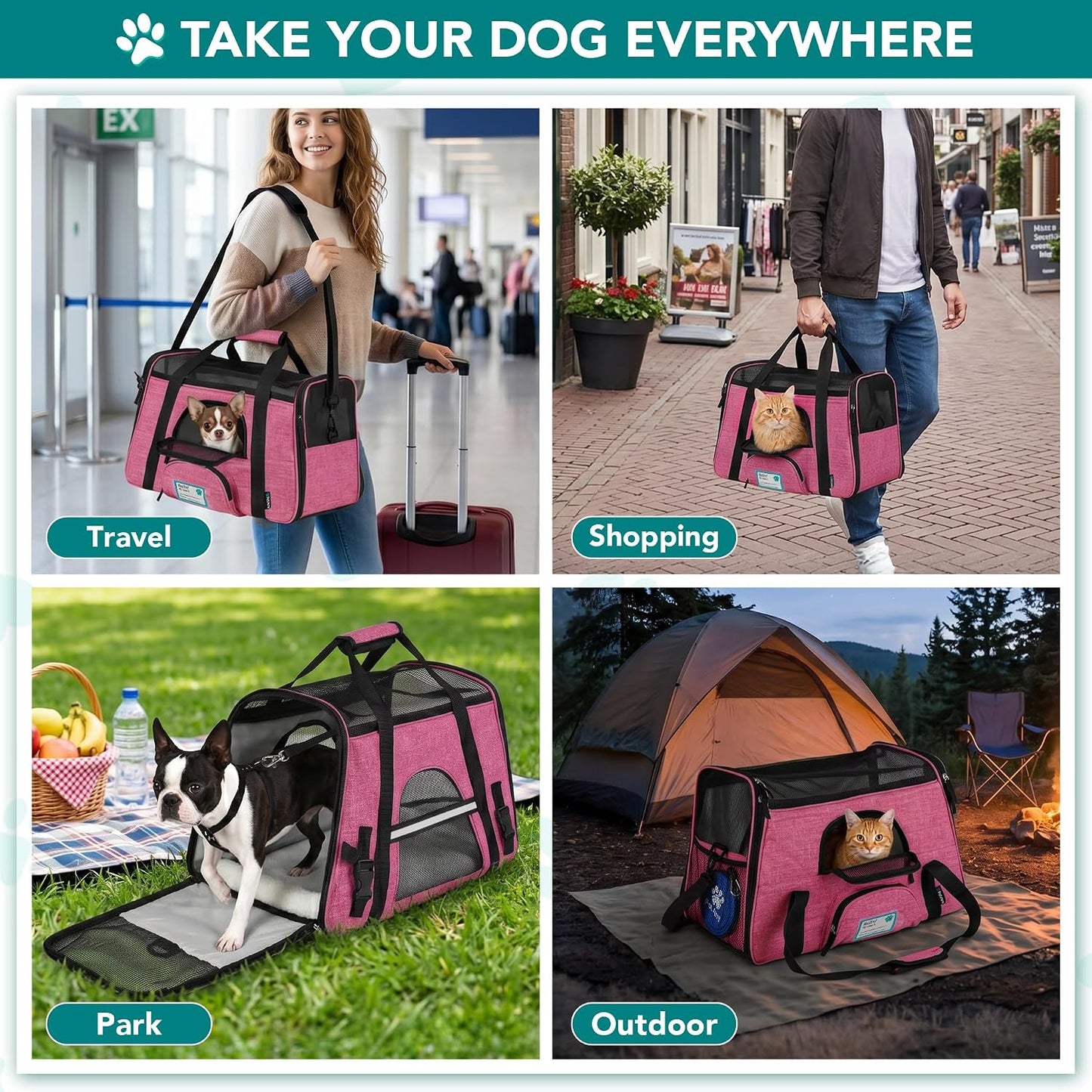 Airline Approved Pet Carrier for Cats & Small Dogs, Soft Sided TSA Travel Carrier Bag with Sherpa Bed, Breathable Mesh Ventilation, Collapsible Bowl, Up to 18 lbs, Small Heather Taupe