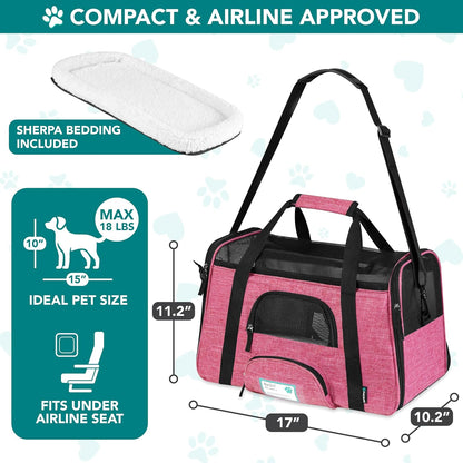 Airline Approved Pet Carrier for Cats & Small Dogs, Soft Sided TSA Travel Carrier Bag with Sherpa Bed, Breathable Mesh Ventilation, Collapsible Bowl, Up to 18 lbs, Small Heather Taupe