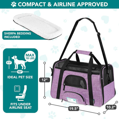 Airline Approved Pet Carrier for Cats & Small Dogs, Soft Sided TSA Travel Carrier Bag with Sherpa Bed, Breathable Mesh Ventilation, Collapsible Bowl, Up to 18 lbs, Small Heather Taupe