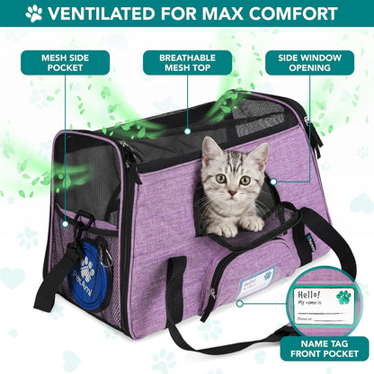 Airline Approved Pet Carrier for Cats & Small Dogs, Soft Sided TSA Travel Carrier Bag with Sherpa Bed, Breathable Mesh Ventilation, Collapsible Bowl, Up to 18 lbs, Small Heather Taupe