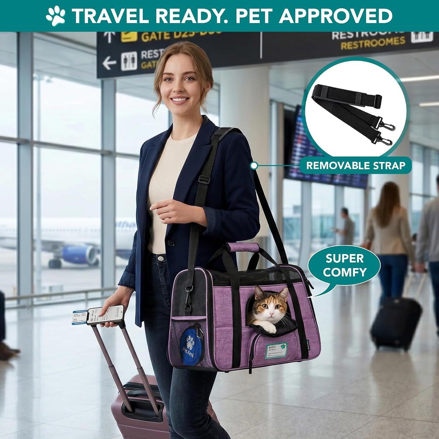 Airline Approved Pet Carrier for Cats & Small Dogs, Soft Sided TSA Travel Carrier Bag with Sherpa Bed, Breathable Mesh Ventilation, Collapsible Bowl, Up to 18 lbs, Small Heather Taupe