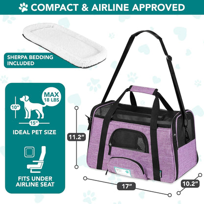 Airline Approved Pet Carrier for Cats & Small Dogs, Soft Sided TSA Travel Carrier Bag with Sherpa Bed, Breathable Mesh Ventilation, Collapsible Bowl, Up to 18 lbs, Small Heather Taupe