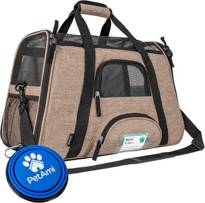 Airline Approved Pet Carrier for Cats & Small Dogs, Soft Sided TSA Travel Carrier Bag with Sherpa Bed, Breathable Mesh Ventilation, Collapsible Bowl, Up to 18 lbs, Small Heather Taupe