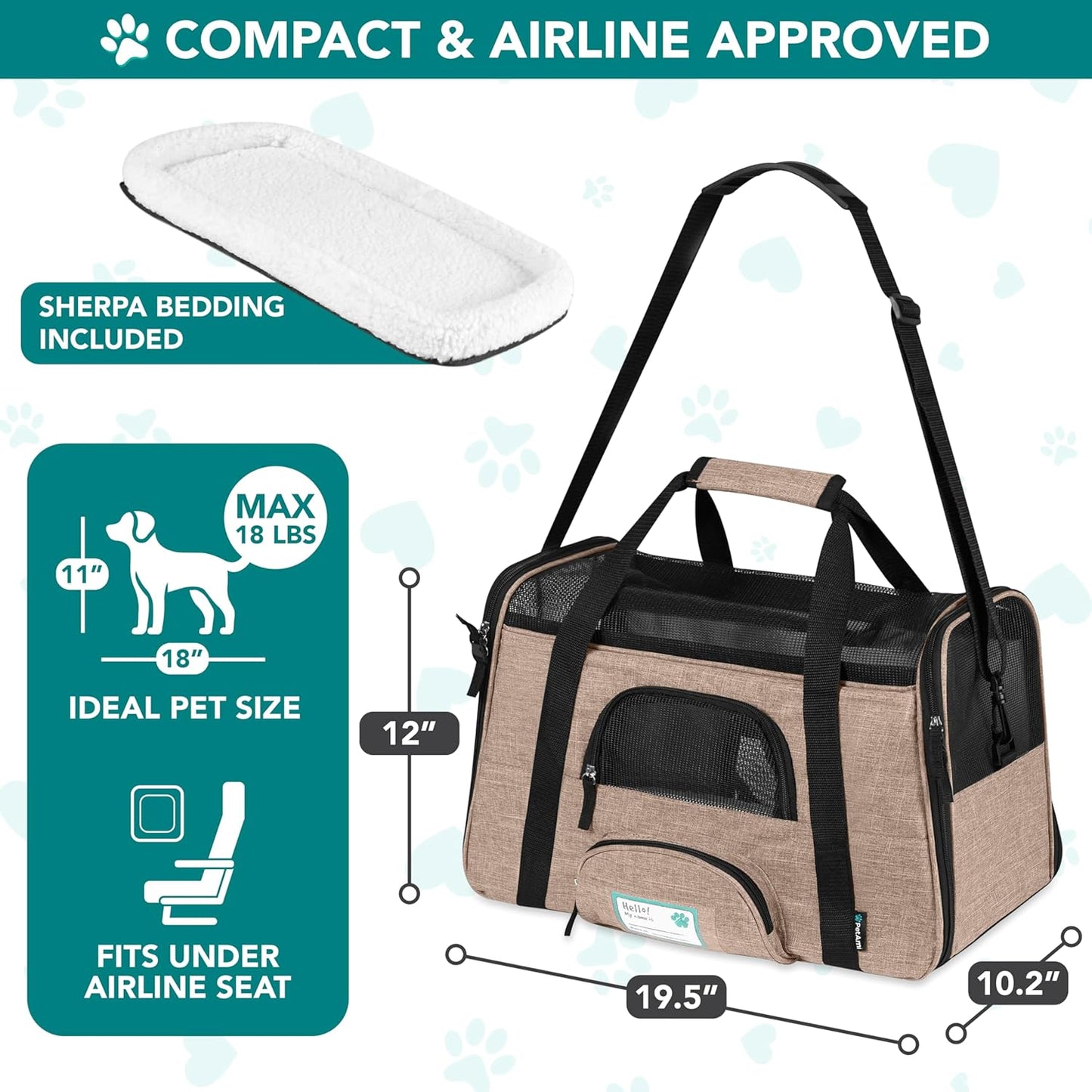 Airline Approved Pet Carrier for Cats & Small Dogs, Soft Sided TSA Travel Carrier Bag with Sherpa Bed, Breathable Mesh Ventilation, Collapsible Bowl, Up to 18 lbs, Small Heather Taupe