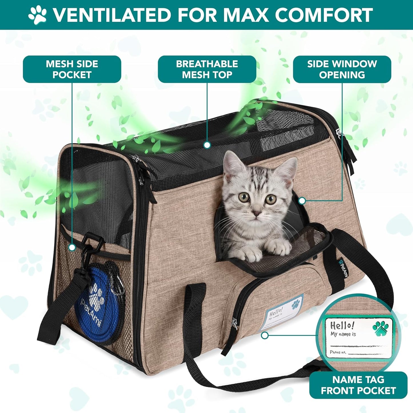 Airline Approved Pet Carrier for Cats & Small Dogs, Soft Sided TSA Travel Carrier Bag with Sherpa Bed, Breathable Mesh Ventilation, Collapsible Bowl, Up to 18 lbs, Small Heather Taupe