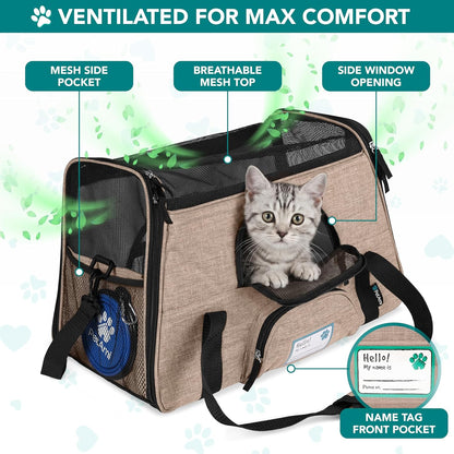Airline Approved Pet Carrier for Cats & Small Dogs, Soft Sided TSA Travel Carrier Bag with Sherpa Bed, Breathable Mesh Ventilation, Collapsible Bowl, Up to 18 lbs, Small Heather Taupe