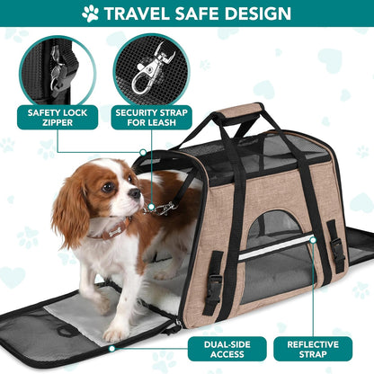 Airline Approved Pet Carrier for Cats & Small Dogs, Soft Sided TSA Travel Carrier Bag with Sherpa Bed, Breathable Mesh Ventilation, Collapsible Bowl, Up to 18 lbs, Small Heather Taupe