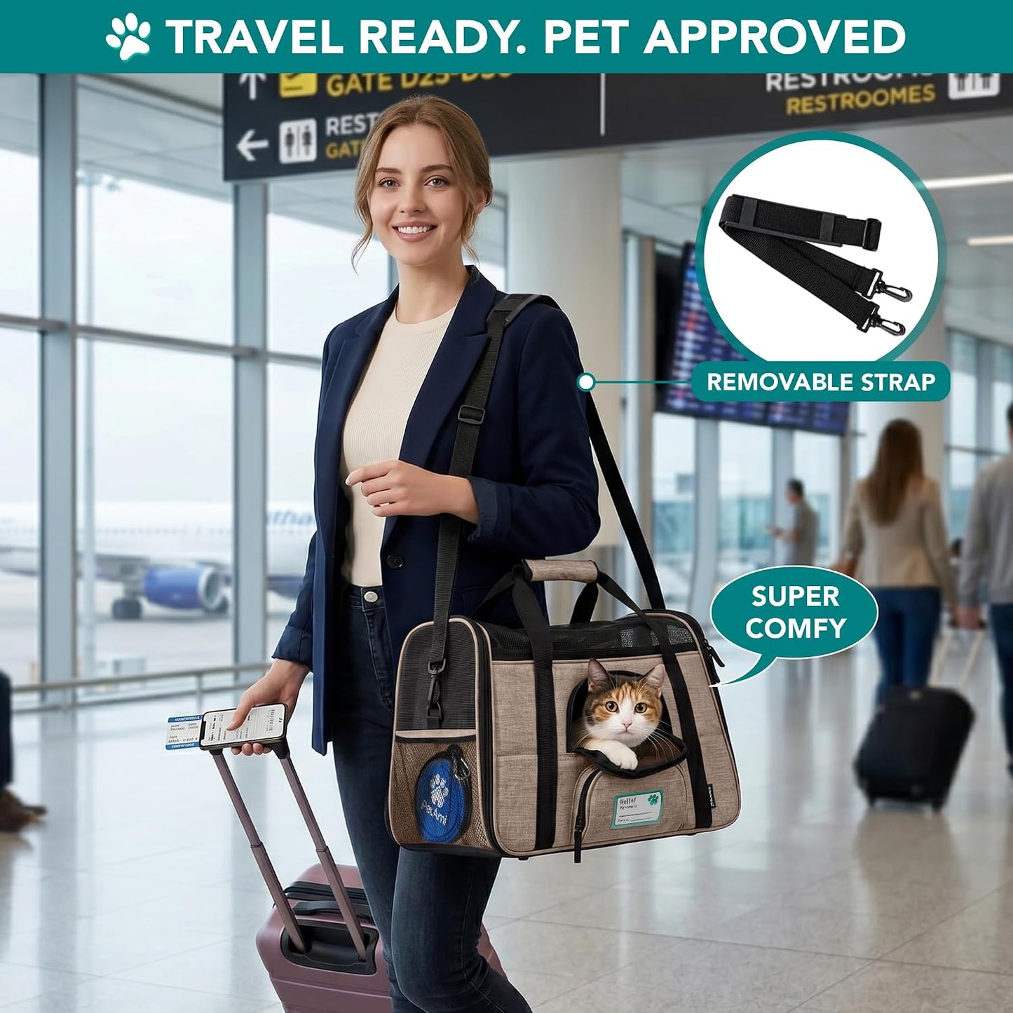 Airline Approved Pet Carrier for Cats & Small Dogs, Soft Sided TSA Travel Carrier Bag with Sherpa Bed, Breathable Mesh Ventilation, Collapsible Bowl, Up to 18 lbs, Small Heather Taupe
