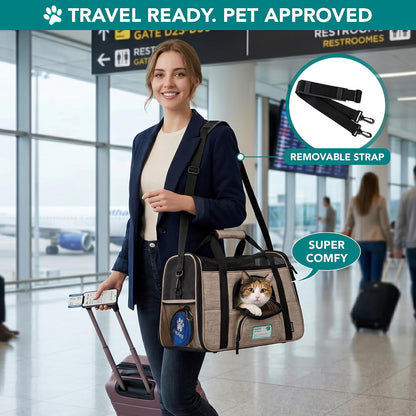 Airline Approved Pet Carrier for Cats & Small Dogs, Soft Sided TSA Travel Carrier Bag with Sherpa Bed, Breathable Mesh Ventilation, Collapsible Bowl, Up to 18 lbs, Small Heather Taupe