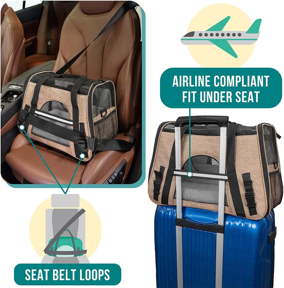 Airline Approved Pet Carrier for Cats & Small Dogs, Soft Sided TSA Travel Carrier Bag with Sherpa Bed, Breathable Mesh Ventilation, Collapsible Bowl, Up to 18 lbs, Small Heather Taupe
