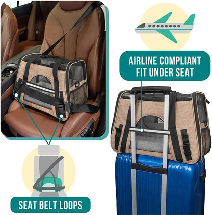 Airline Approved Pet Carrier for Cats & Small Dogs, Soft Sided TSA Travel Carrier Bag with Sherpa Bed, Breathable Mesh Ventilation, Collapsible Bowl, Up to 18 lbs, Small Heather Taupe