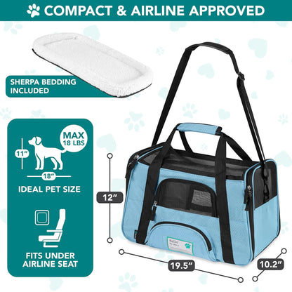 Airline Approved Pet Carrier for Cats & Small Dogs, Soft Sided TSA Travel Carrier Bag with Sherpa Bed, Breathable Mesh Ventilation, Collapsible Bowl, Up to 18 lbs, Small Heather Taupe