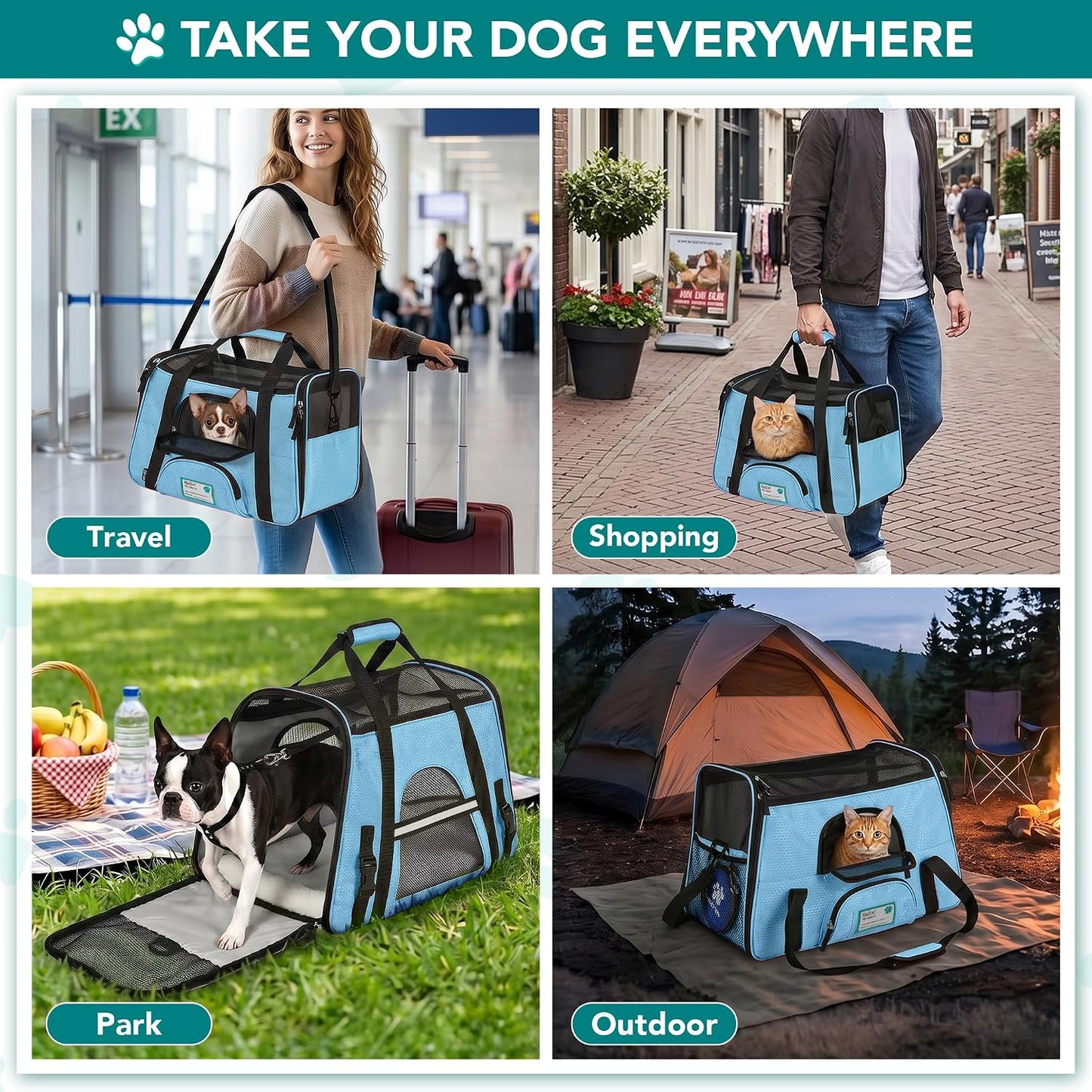 Airline Approved Pet Carrier for Cats & Small Dogs, Soft Sided TSA Travel Carrier Bag with Sherpa Bed, Breathable Mesh Ventilation, Collapsible Bowl, Up to 18 lbs, Small Heather Taupe