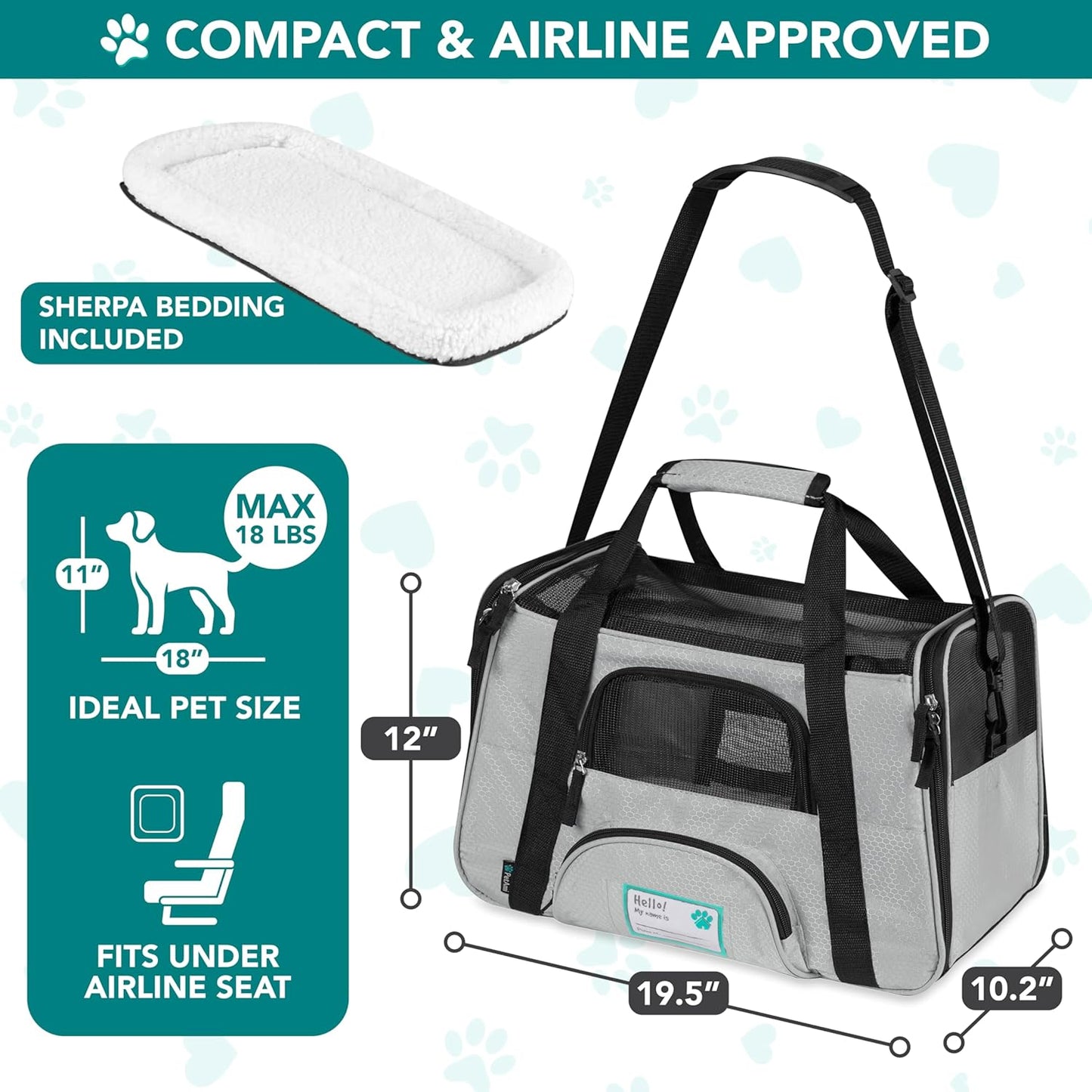 Airline Approved Pet Carrier for Cats & Small Dogs, Soft Sided TSA Travel Carrier Bag with Sherpa Bed, Breathable Mesh Ventilation, Collapsible Bowl, Up to 18 lbs, Small Heather Taupe