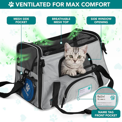Airline Approved Pet Carrier for Cats & Small Dogs, Soft Sided TSA Travel Carrier Bag with Sherpa Bed, Breathable Mesh Ventilation, Collapsible Bowl, Up to 18 lbs, Small Heather Taupe