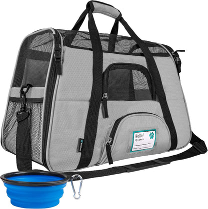 Airline Approved Pet Carrier for Cats & Small Dogs, Soft Sided TSA Travel Carrier Bag with Sherpa Bed, Breathable Mesh Ventilation, Collapsible Bowl, Up to 18 lbs, Small Heather Taupe