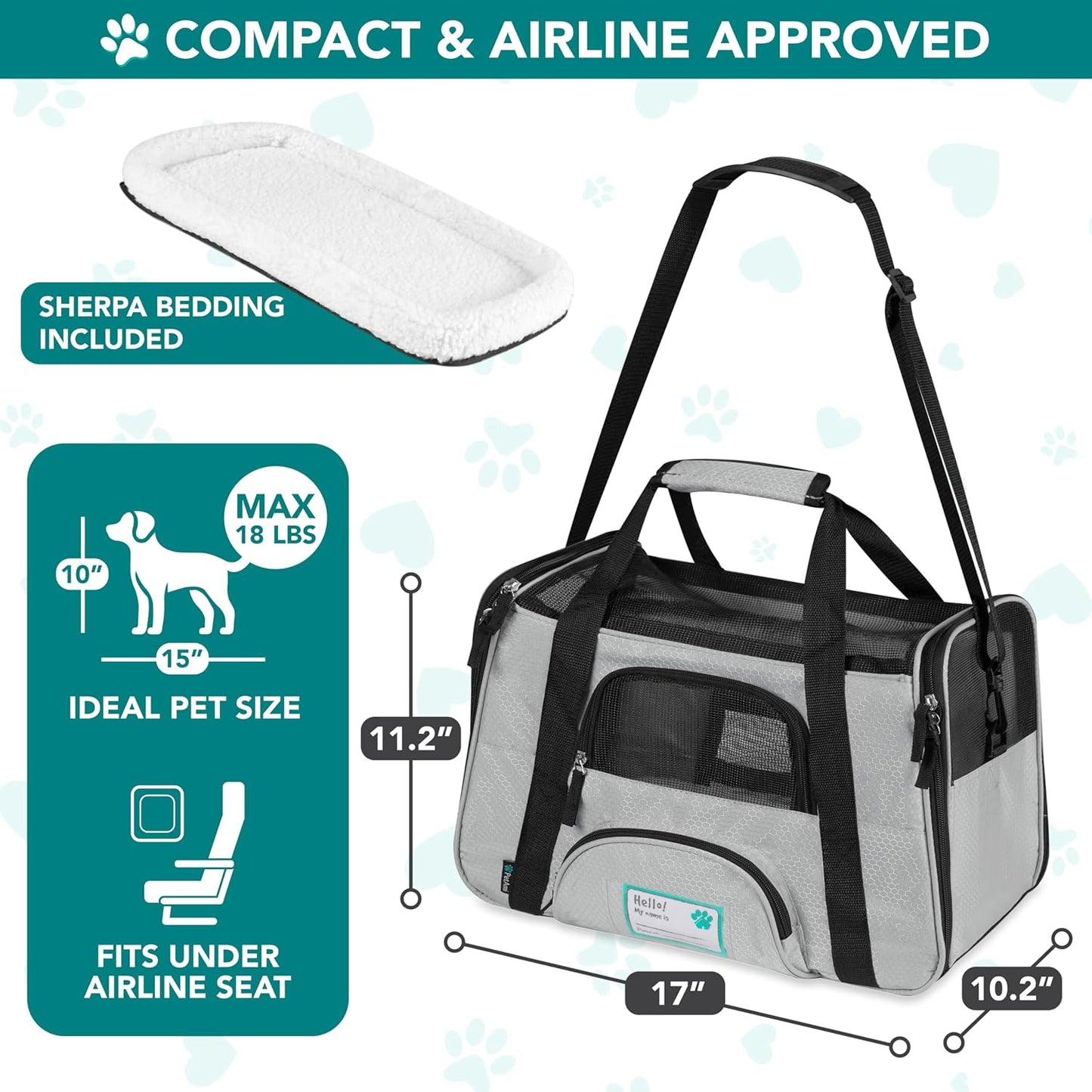 Airline Approved Pet Carrier for Cats & Small Dogs, Soft Sided TSA Travel Carrier Bag with Sherpa Bed, Breathable Mesh Ventilation, Collapsible Bowl, Up to 18 lbs, Small Heather Taupe