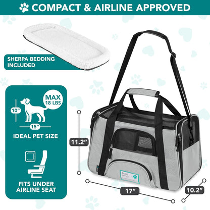 Airline Approved Pet Carrier for Cats & Small Dogs, Soft Sided TSA Travel Carrier Bag with Sherpa Bed, Breathable Mesh Ventilation, Collapsible Bowl, Up to 18 lbs, Small Heather Taupe