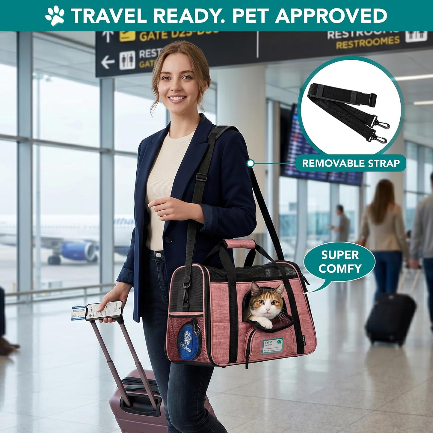 Airline Approved Pet Carrier for Cats & Small Dogs, Soft Sided TSA Travel Carrier Bag with Sherpa Bed, Breathable Mesh Ventilation, Collapsible Bowl, Up to 18 lbs, Small Heather Taupe