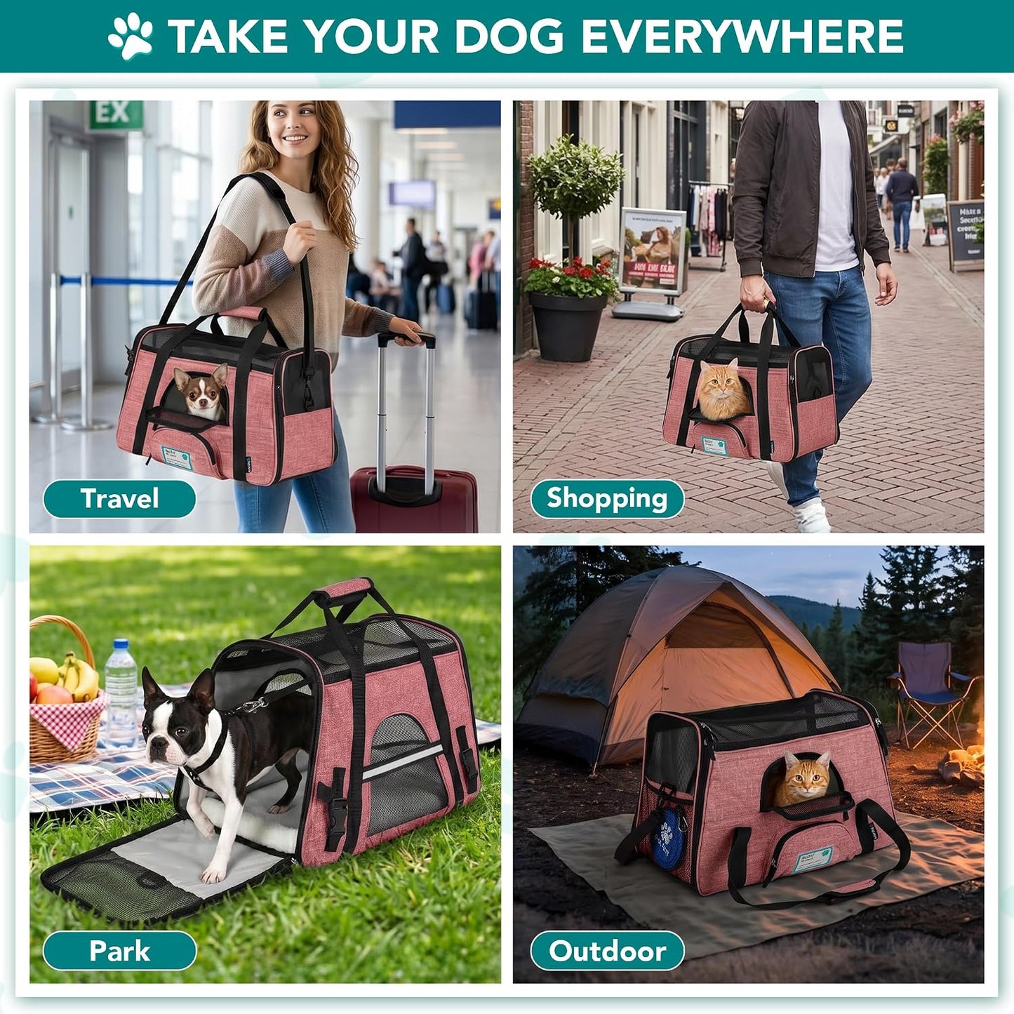 Airline Approved Pet Carrier for Cats & Small Dogs, Soft Sided TSA Travel Carrier Bag with Sherpa Bed, Breathable Mesh Ventilation, Collapsible Bowl, Up to 18 lbs, Small Heather Taupe