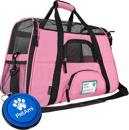 Airline Approved Pet Carrier for Cats & Small Dogs, Soft Sided TSA Travel Carrier Bag with Sherpa Bed, Breathable Mesh Ventilation, Collapsible Bowl, Up to 18 lbs, Small Heather Taupe