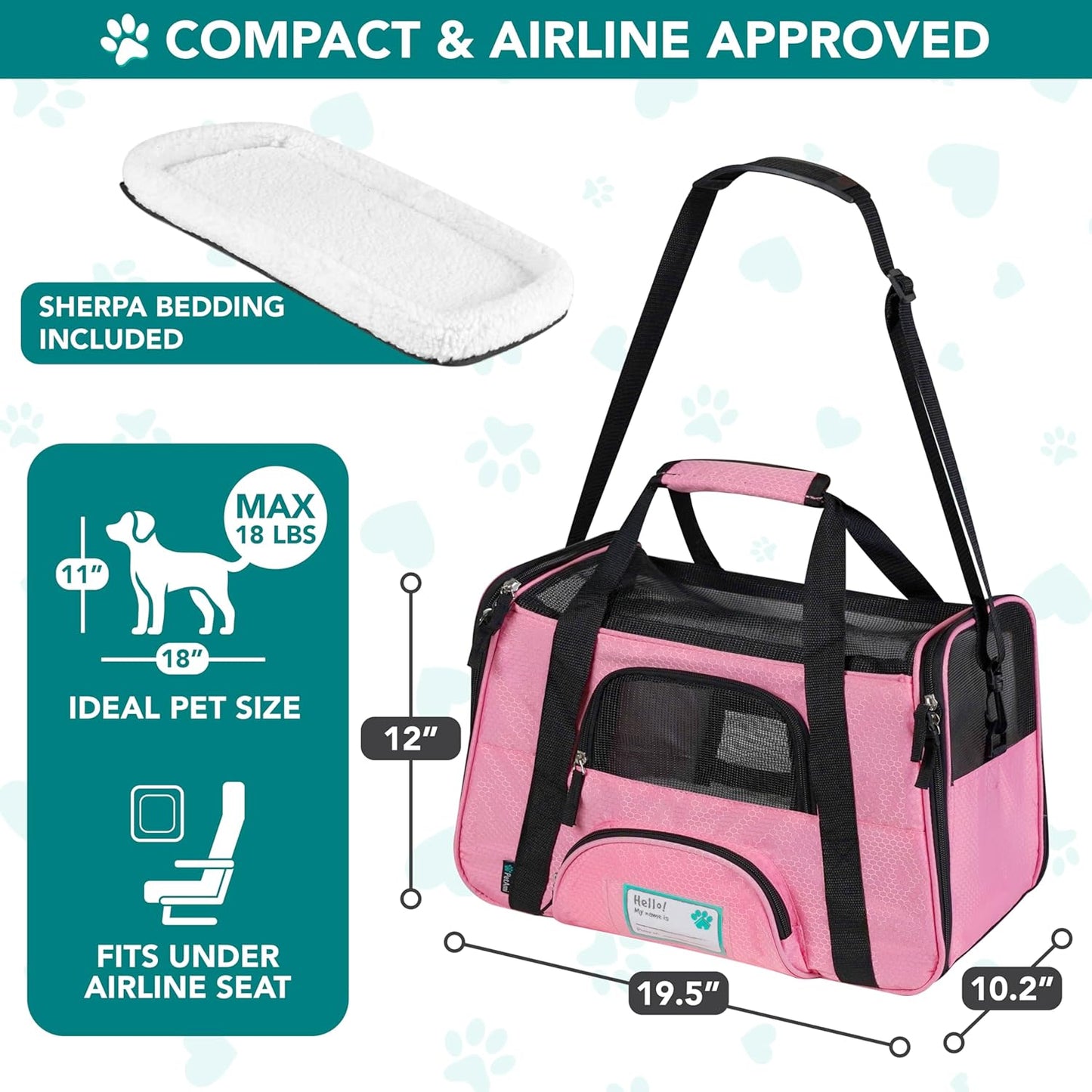 Airline Approved Pet Carrier for Cats & Small Dogs, Soft Sided TSA Travel Carrier Bag with Sherpa Bed, Breathable Mesh Ventilation, Collapsible Bowl, Up to 18 lbs, Small Heather Taupe