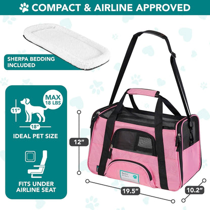 Airline Approved Pet Carrier for Cats & Small Dogs, Soft Sided TSA Travel Carrier Bag with Sherpa Bed, Breathable Mesh Ventilation, Collapsible Bowl, Up to 18 lbs, Small Heather Taupe