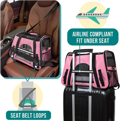 Airline Approved Pet Carrier for Cats & Small Dogs, Soft Sided TSA Travel Carrier Bag with Sherpa Bed, Breathable Mesh Ventilation, Collapsible Bowl, Up to 18 lbs, Small Heather Taupe