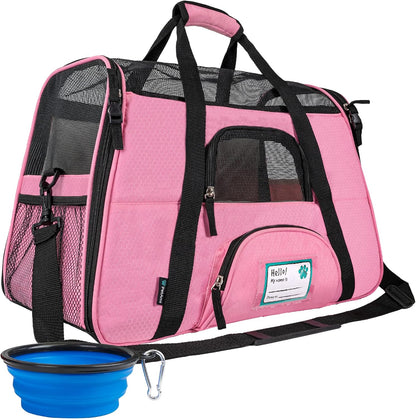 Airline Approved Pet Carrier for Cats & Small Dogs, Soft Sided TSA Travel Carrier Bag with Sherpa Bed, Breathable Mesh Ventilation, Collapsible Bowl, Up to 18 lbs, Small Heather Taupe