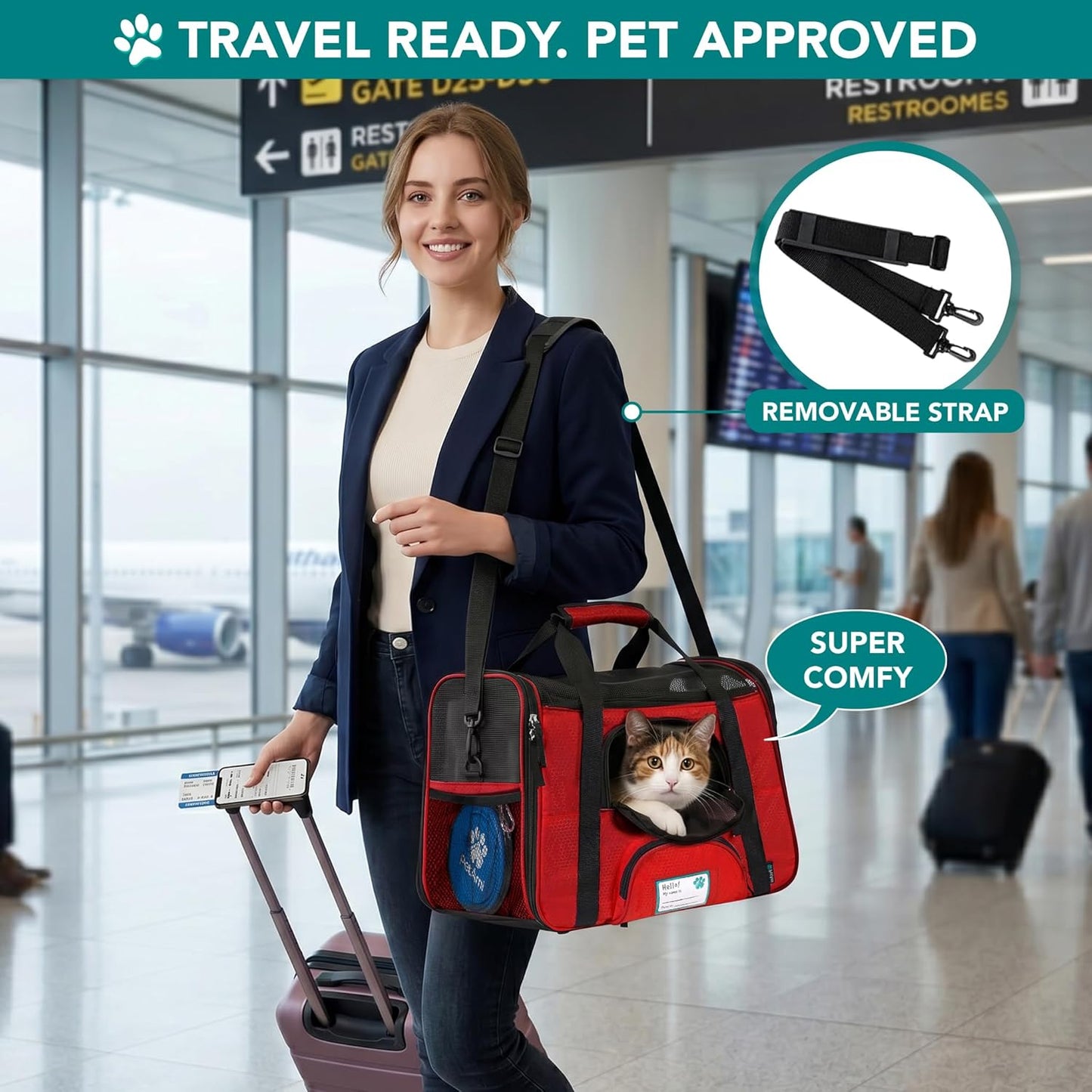 Airline Approved Pet Carrier for Cats & Small Dogs, Soft Sided TSA Travel Carrier Bag with Sherpa Bed, Breathable Mesh Ventilation, Collapsible Bowl, Up to 18 lbs, Small Heather Taupe