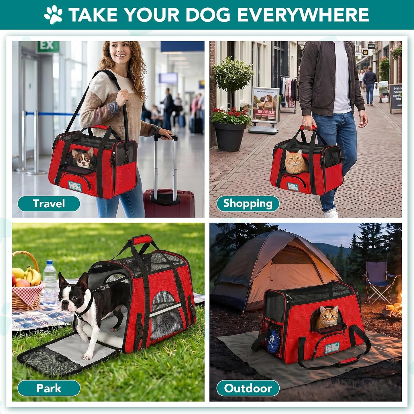 Airline Approved Pet Carrier for Cats & Small Dogs, Soft Sided TSA Travel Carrier Bag with Sherpa Bed, Breathable Mesh Ventilation, Collapsible Bowl, Up to 18 lbs, Small Heather Taupe