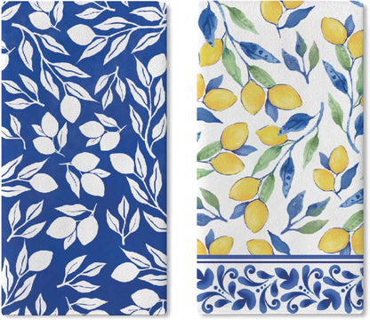 Italian Capri Blue Lemon Kitchen Dish Towels Set of 2, Amalfi Coast Italy Tile Pattern Citrus Drying Hand Towel Baking Cooking Cloth, Summer Mediterranean Bathroom Home Decoration 18'' x 26''