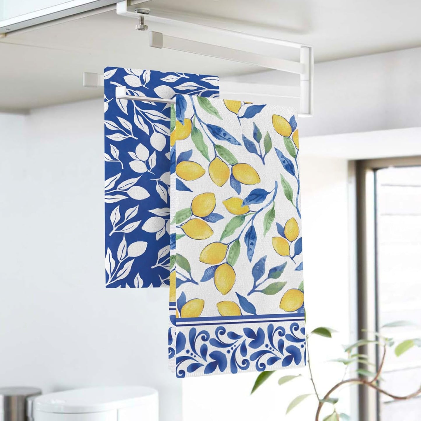 Italian Capri Blue Lemon Kitchen Dish Towels Set of 2, Amalfi Coast Italy Tile Pattern Citrus Drying Hand Towel Baking Cooking Cloth, Summer Mediterranean Bathroom Home Decoration 18'' x 26''