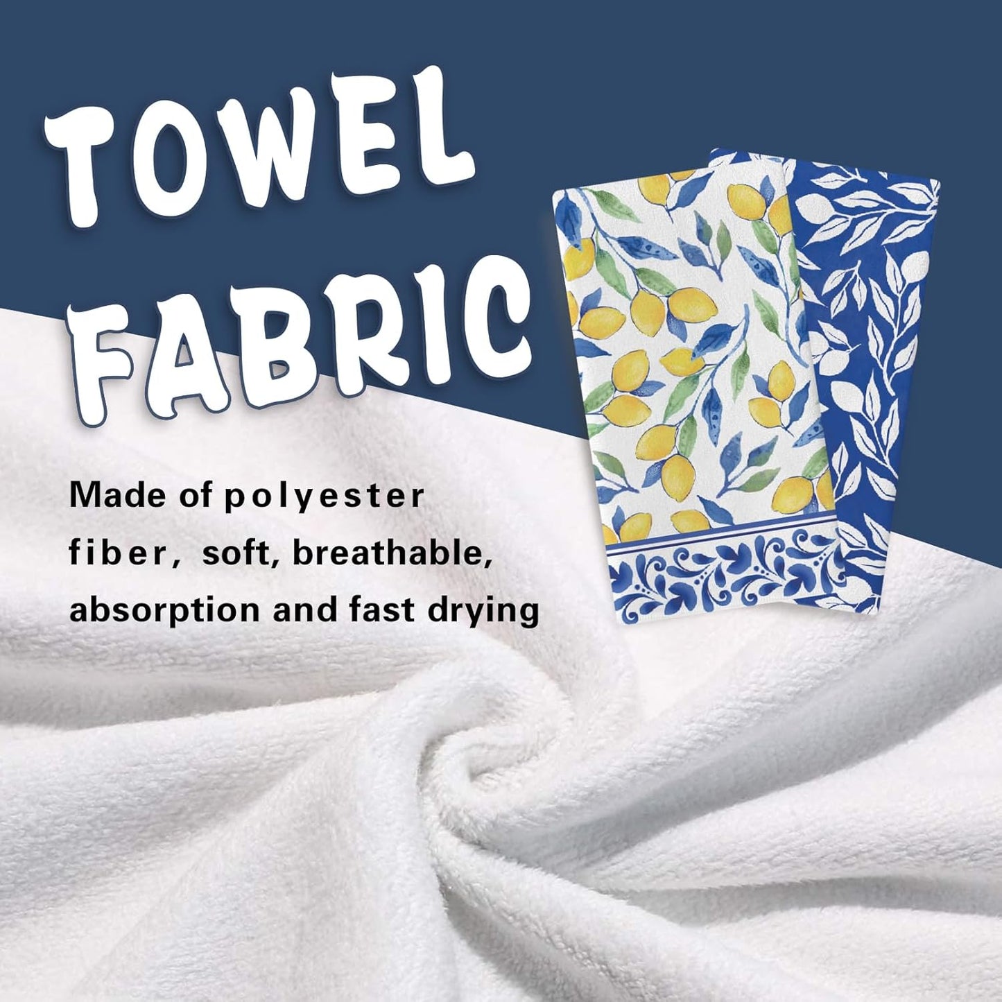 Italian Capri Blue Lemon Kitchen Dish Towels Set of 2, Amalfi Coast Italy Tile Pattern Citrus Drying Hand Towel Baking Cooking Cloth, Summer Mediterranean Bathroom Home Decoration 18'' x 26''