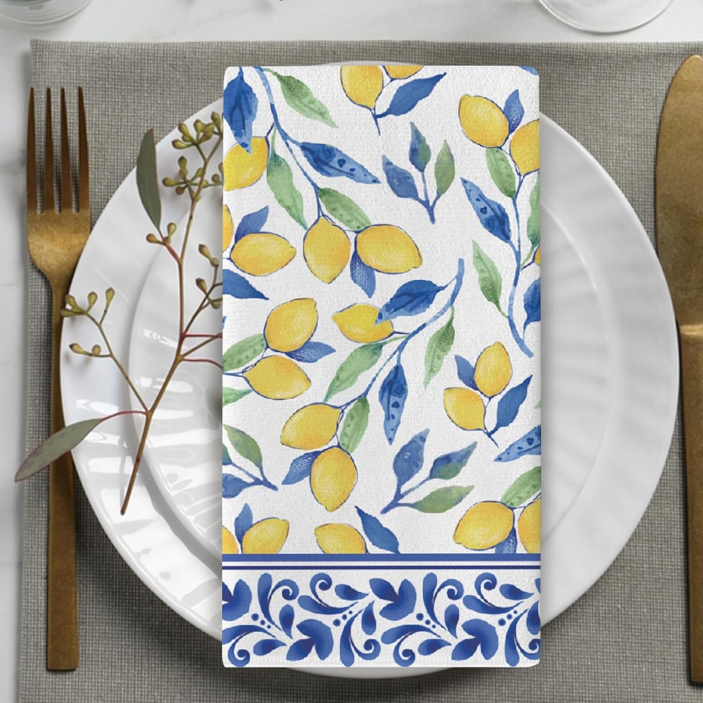 Italian Capri Blue Lemon Kitchen Dish Towels Set of 2, Amalfi Coast Italy Tile Pattern Citrus Drying Hand Towel Baking Cooking Cloth, Summer Mediterranean Bathroom Home Decoration 18'' x 26''