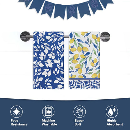 Italian Capri Blue Lemon Kitchen Dish Towels Set of 2, Amalfi Coast Italy Tile Pattern Citrus Drying Hand Towel Baking Cooking Cloth, Summer Mediterranean Bathroom Home Decoration 18'' x 26''