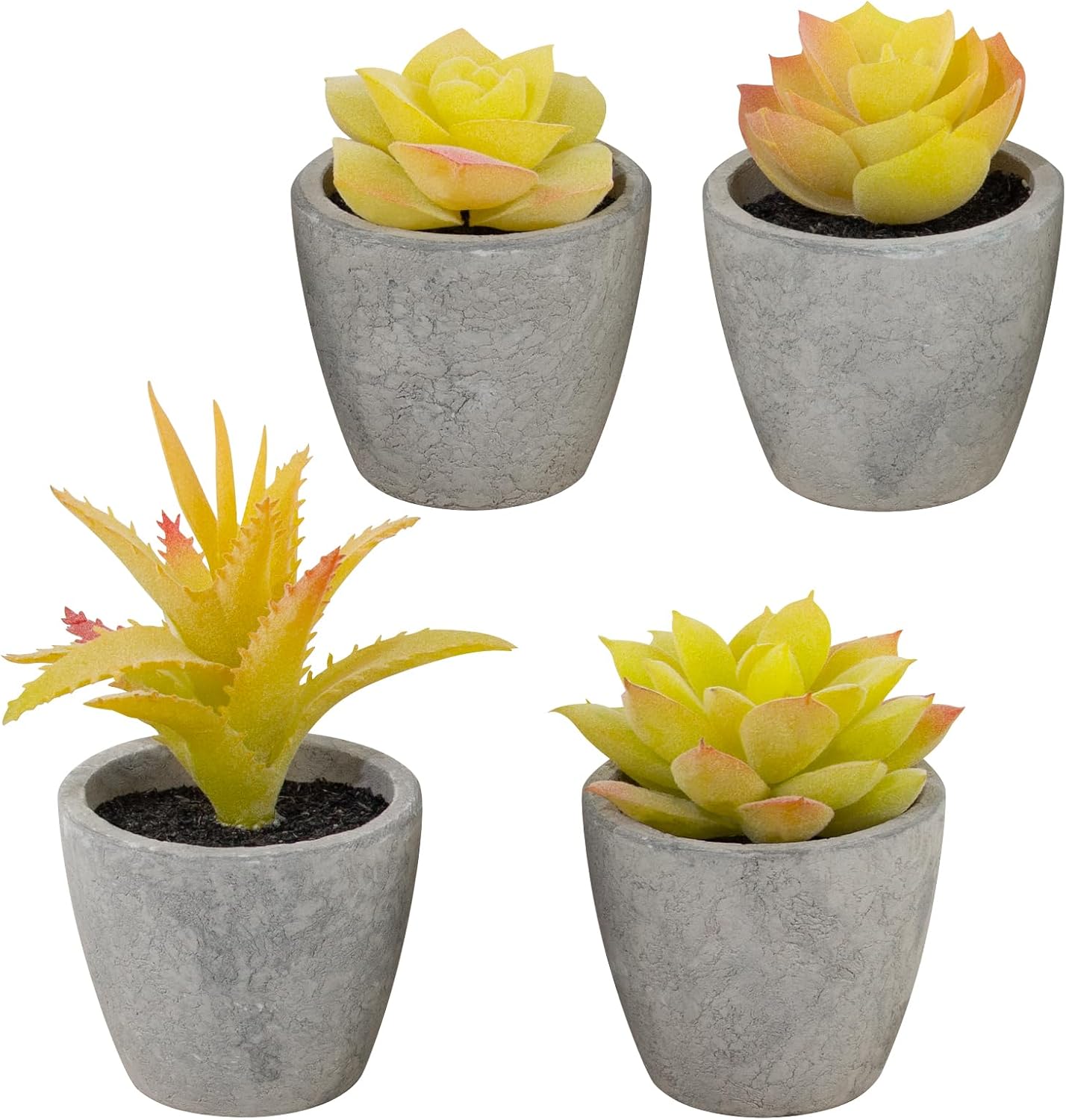 Set of 4 Small Yellow Fake Succulent Plants - Mini Artificial Succulents for Bathroom, Living Room, Office Desk, Coffee Table, Kitchen Shelves - Aesthetic Indoor Shelf Decor