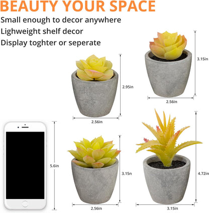 Set of 4 Small Yellow Fake Succulent Plants - Mini Artificial Succulents for Bathroom, Living Room, Office Desk, Coffee Table, Kitchen Shelves - Aesthetic Indoor Shelf Decor