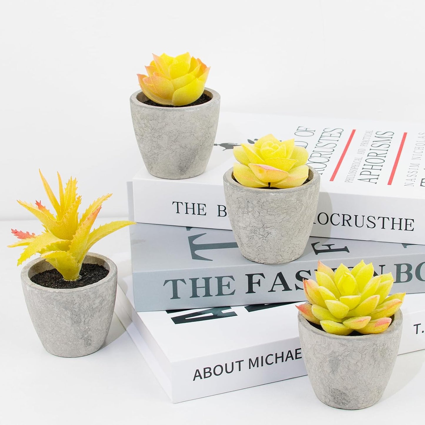 Set of 4 Small Yellow Fake Succulent Plants - Mini Artificial Succulents for Bathroom, Living Room, Office Desk, Coffee Table, Kitchen Shelves - Aesthetic Indoor Shelf Decor