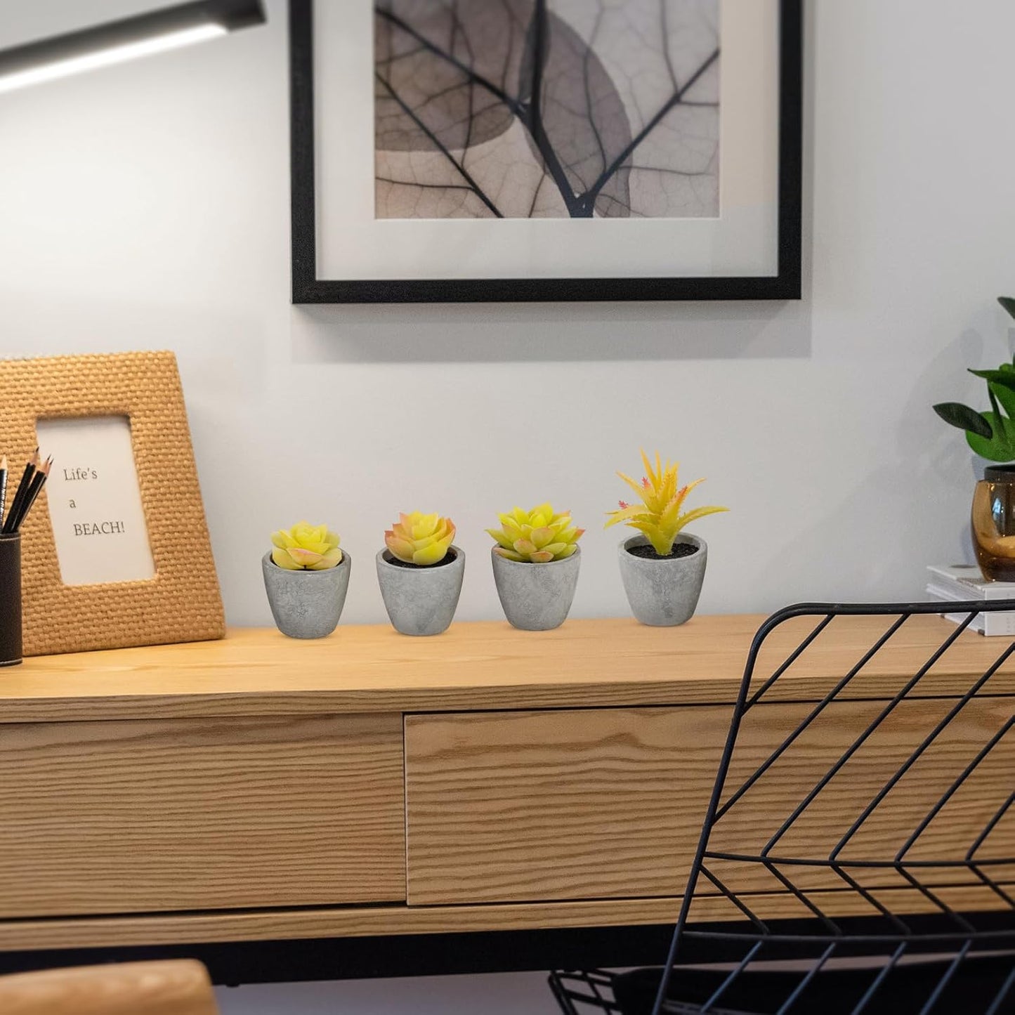 Set of 4 Small Yellow Fake Succulent Plants - Mini Artificial Succulents for Bathroom, Living Room, Office Desk, Coffee Table, Kitchen Shelves - Aesthetic Indoor Shelf Decor
