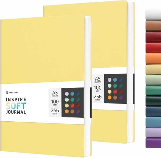 A5 Notebook Soft Cover Journal Lined, Medium Softcover Notebook Vegan Leather Journals for Men Women Writing, Ruled Thick Paper Flexible Junk Diary 256 Pages 2-Pack (Light Yellow)